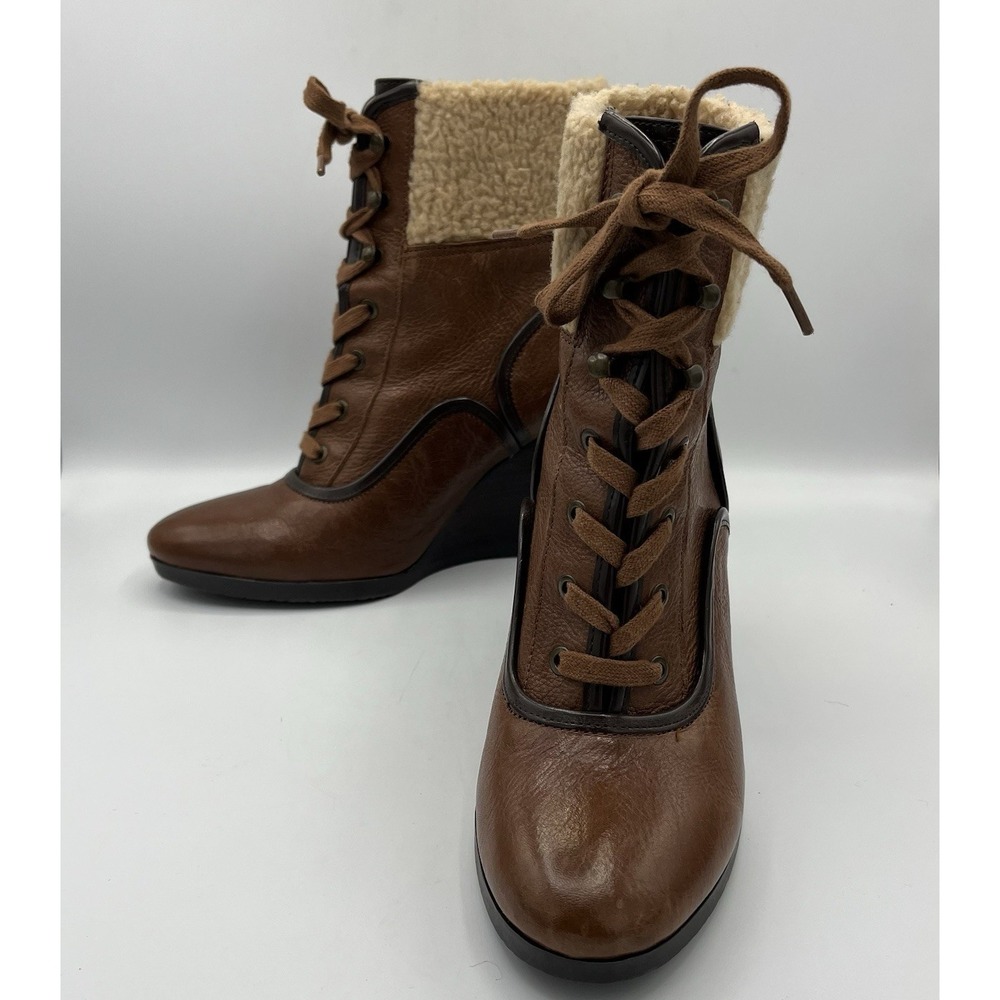 Franco Sarto‎ Ankle Boot Wedge Leather Sherpa Womens 7.5 Brown Lace Up Waverly